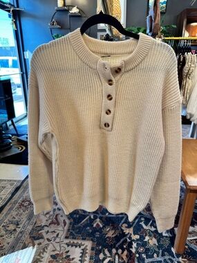 Doublju Cream Ribbed Henley Turtleneck Sweater